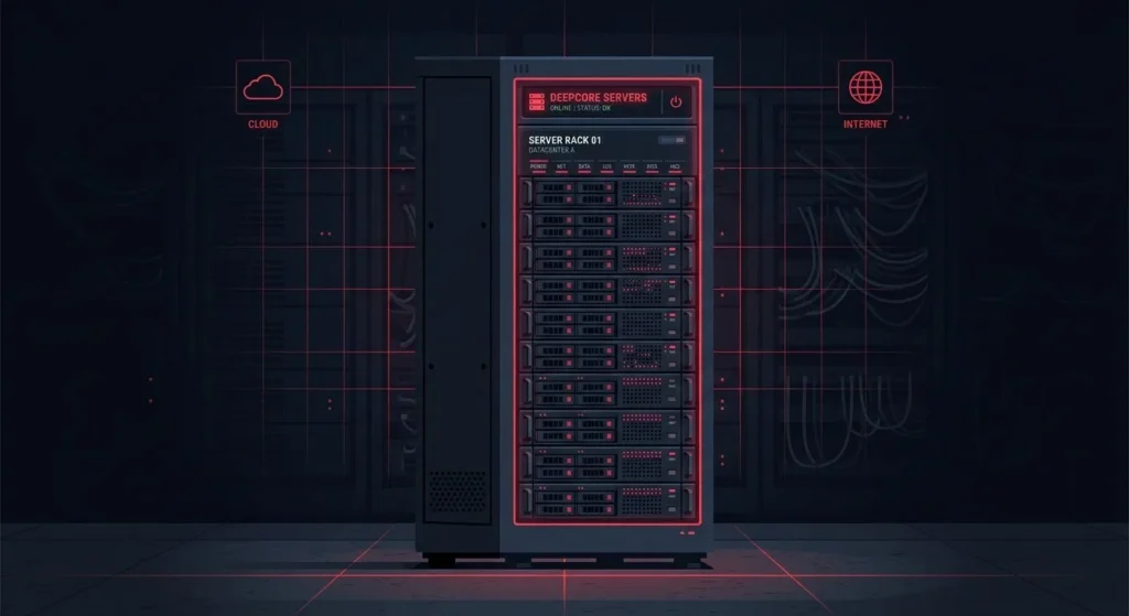 Server rack in a data centre with cloud and internet icons