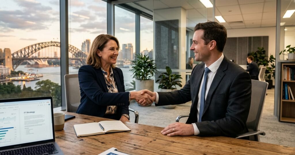 Two business people shaking hands at a meeting table in an office overlooking Sydney Harbour Bridge