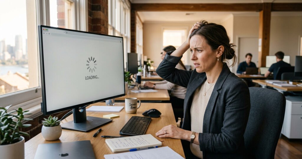 Woman at an office desk with a computer monitor showing a loading screen