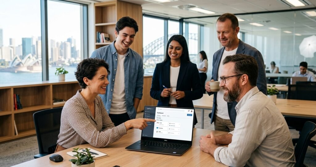 Colleagues working around a laptop at a table in a Sydney office, with the Opera House visible through the window