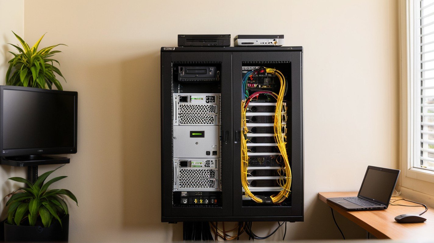 Network cabinet with switch and patch panel beside a desk with a laptop in a small Sydney office