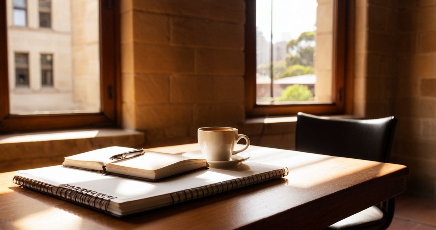 Notebook, pen and coffee cup on a timber desk in a sunlit Sydney office